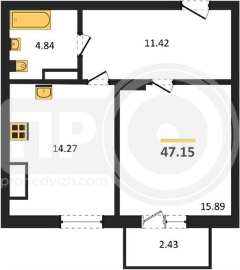 Миниатюра 1-комнатная квартира, 47.15кв.м