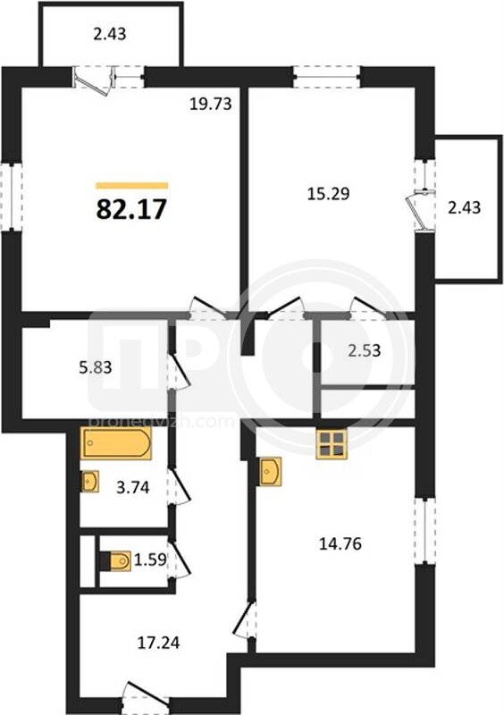 2-комнатная квартира, 82.17кв.м