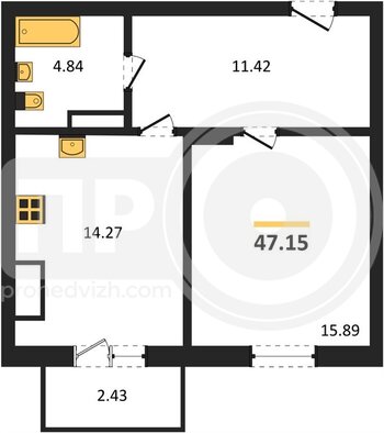 Миниатюра 1-комнатная квартира, 47.15кв.м