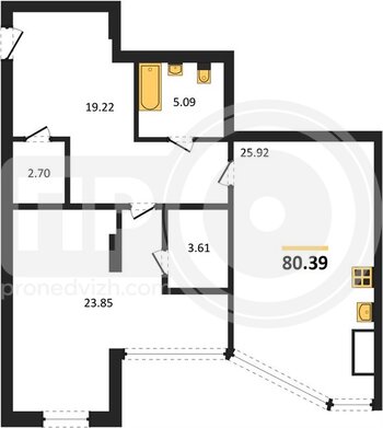 Миниатюра 1-комнатная квартира, 80.39кв.м