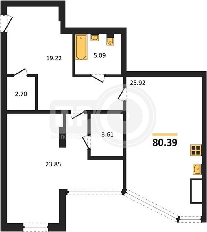 1-комнатная квартира, 80.39кв.м