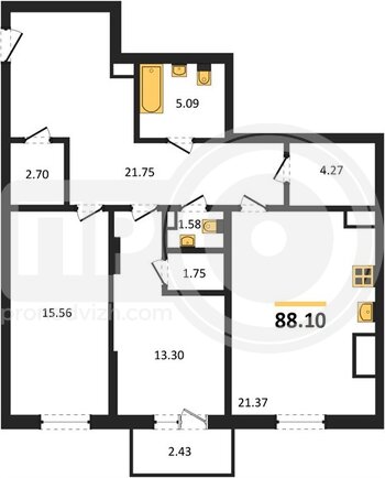 Миниатюра 2-комнатная квартира, 88.1кв.м