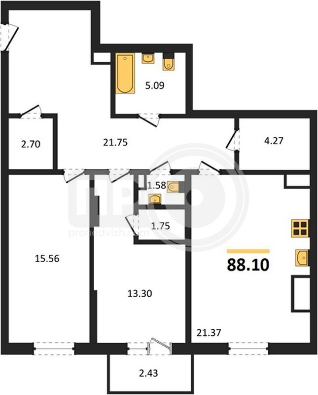 2-комнатная квартира, 88.1кв.м