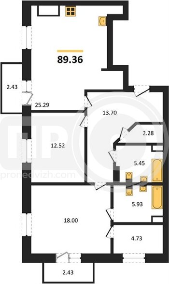 Миниатюра 2-комнатная квартира, 89.36кв.м