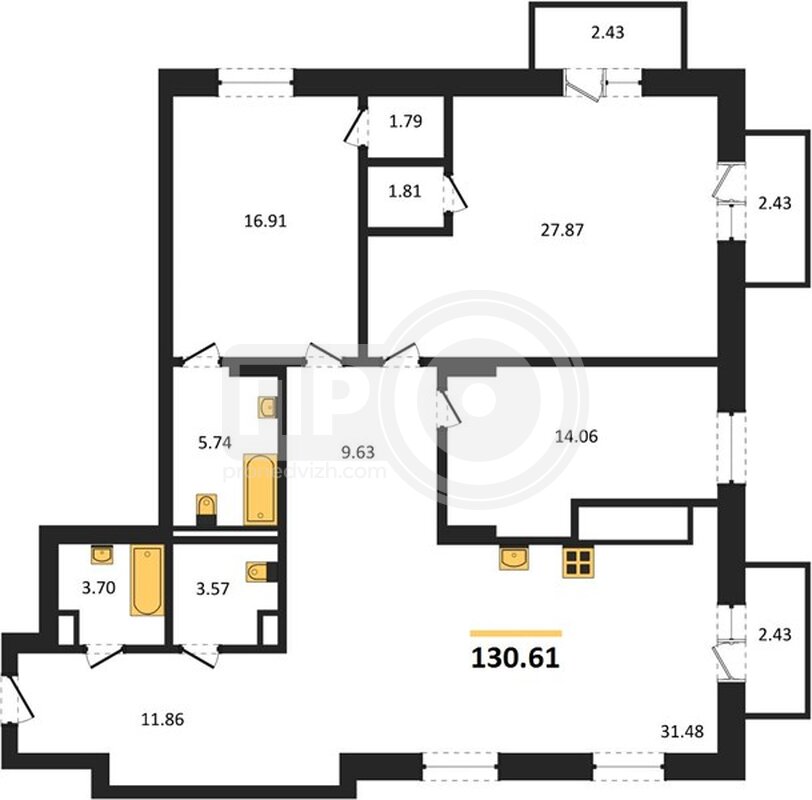 3-комнатная квартира, 130.61кв.м