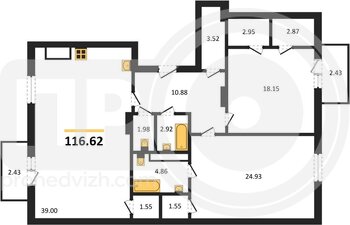 Миниатюра 2-комнатная квартира, 116.62кв.м