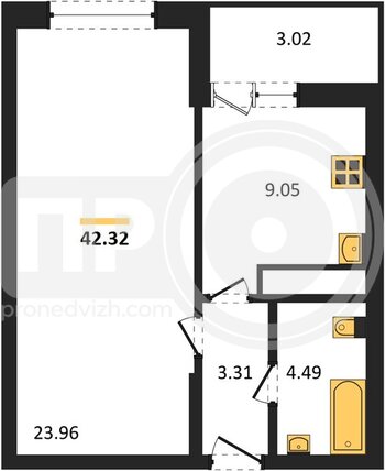 Миниатюра 1-комнатная квартира, 42.32кв.м
