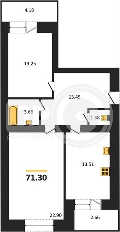 2-комнатная квартира, 71.3кв.м
