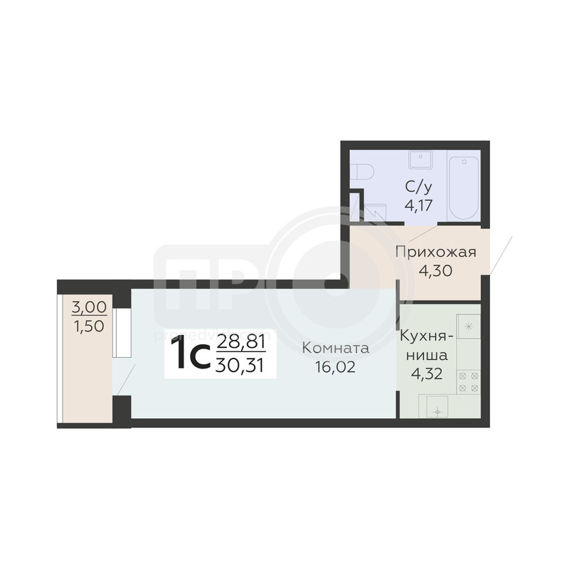 1-комнатная квартира, 30.31кв.м