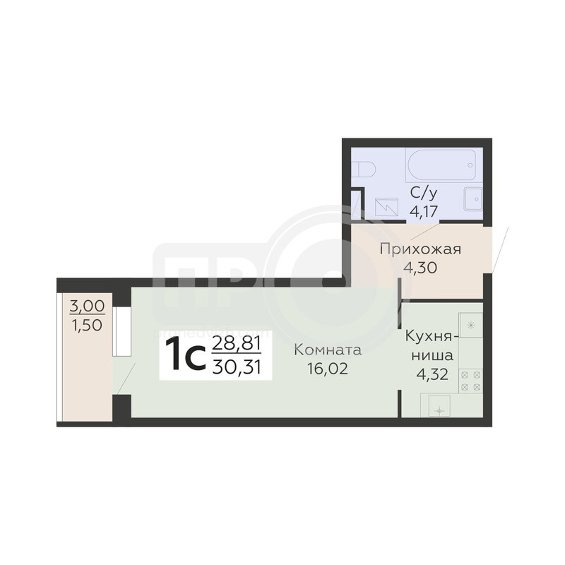 1-комнатная квартира, 30.31кв.м