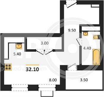 Миниатюра 1-комнатная квартира, 32.1кв.м
