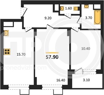 Миниатюра 2-комнатная квартира, 57.9кв.м