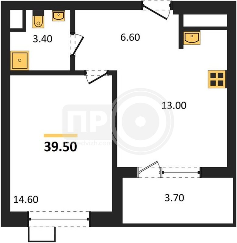 1-комнатная квартира, 39.5кв.м