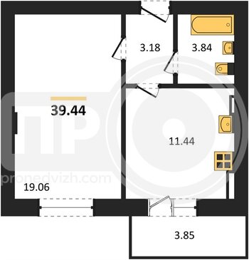 Миниатюра 1-комнатная квартира, 39.44кв.м