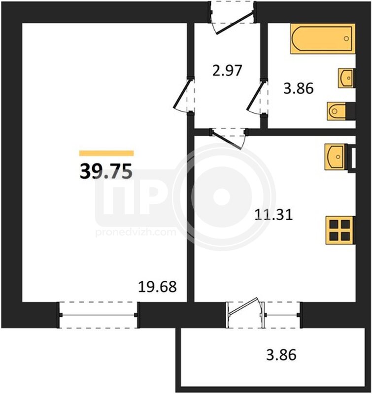 1-комнатная квартира, 39.75кв.м
