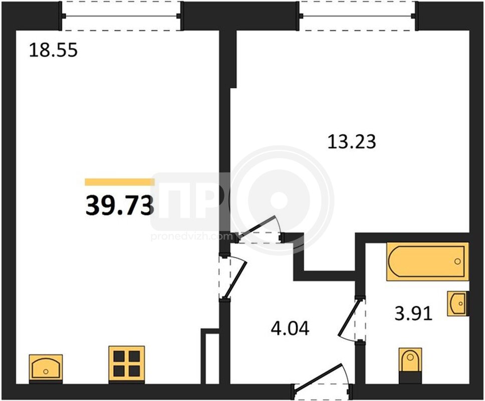 1-комнатная квартира, 39.73кв.м