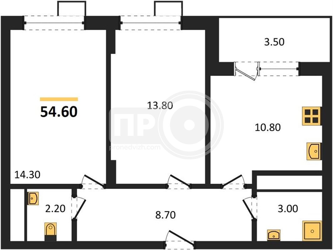 2-комнатная квартира, 54.6кв.м