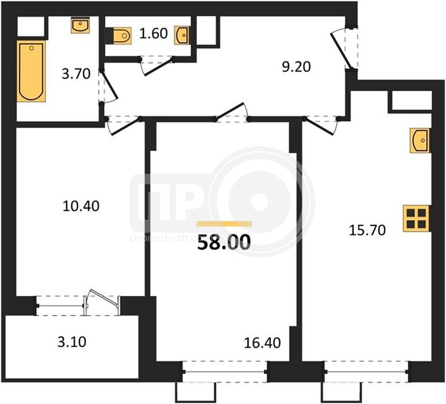 2-комнатная квартира, 58кв.м