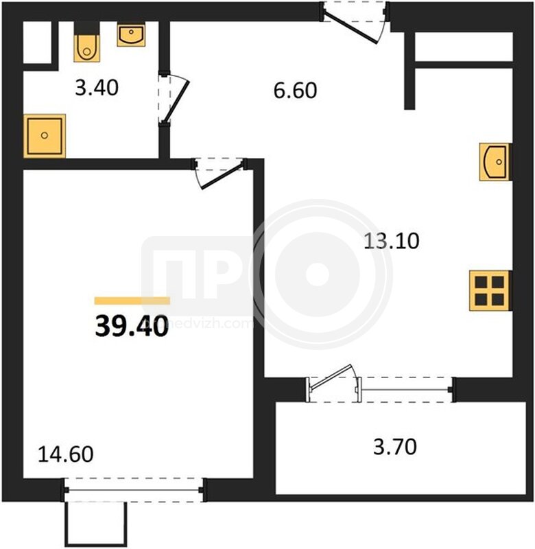 1-комнатная квартира, 39.4кв.м