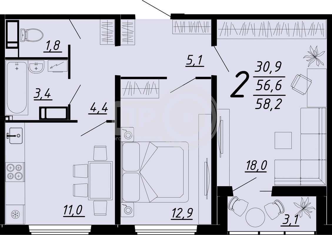 2-комнатная квартира, 58.2кв.м