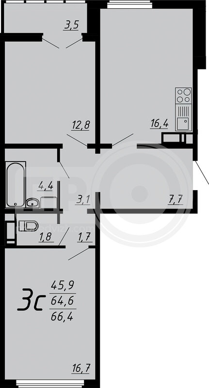 3-комнатная квартира, 65.8кв.м