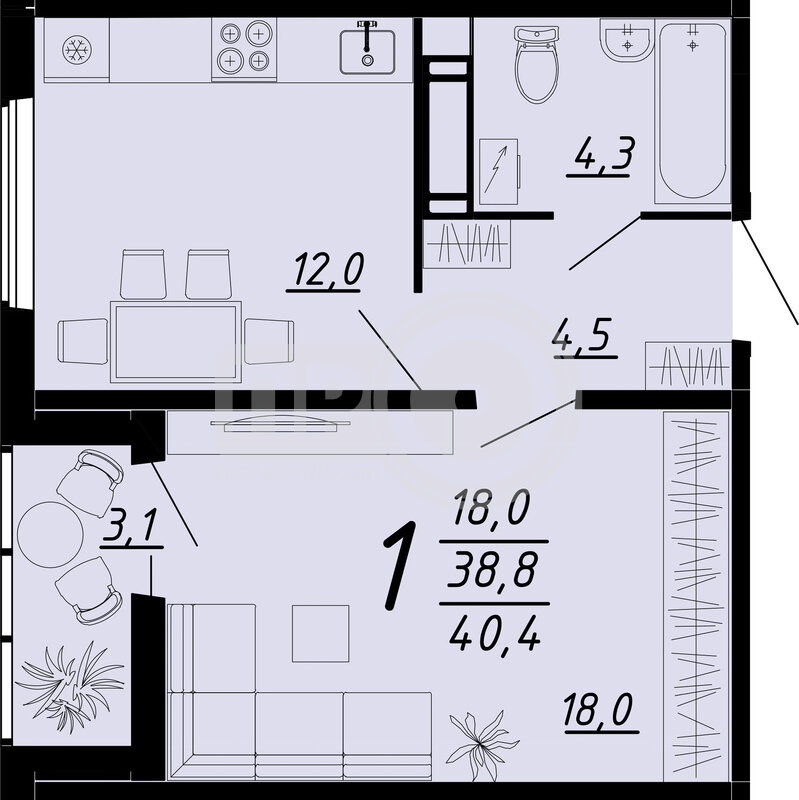 1-комнатная квартира, 40.2кв.м