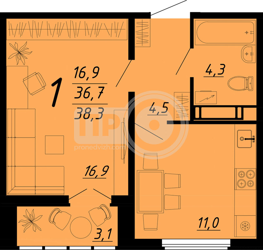 1-комнатная квартира, 38кв.м