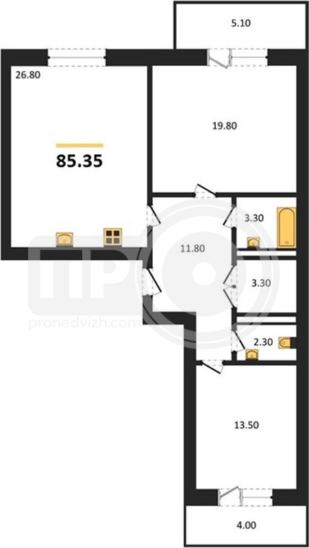 2-комнатная квартира, 85.35кв.м