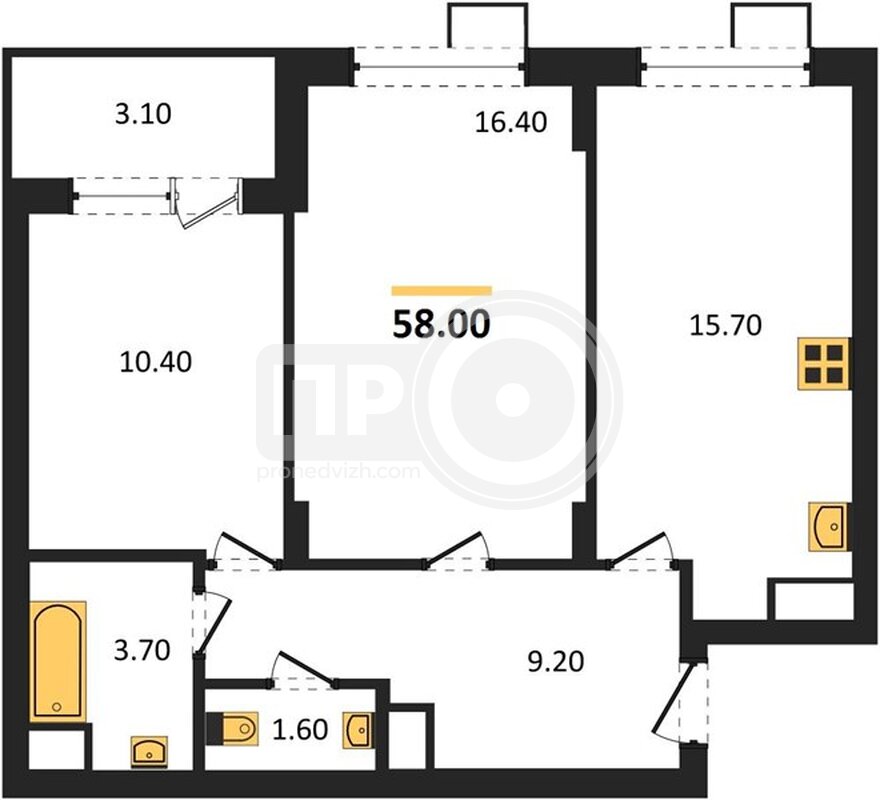 2-комнатная квартира, 58кв.м