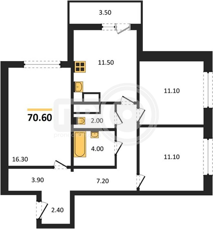3-комнатная квартира, 70.6кв.м