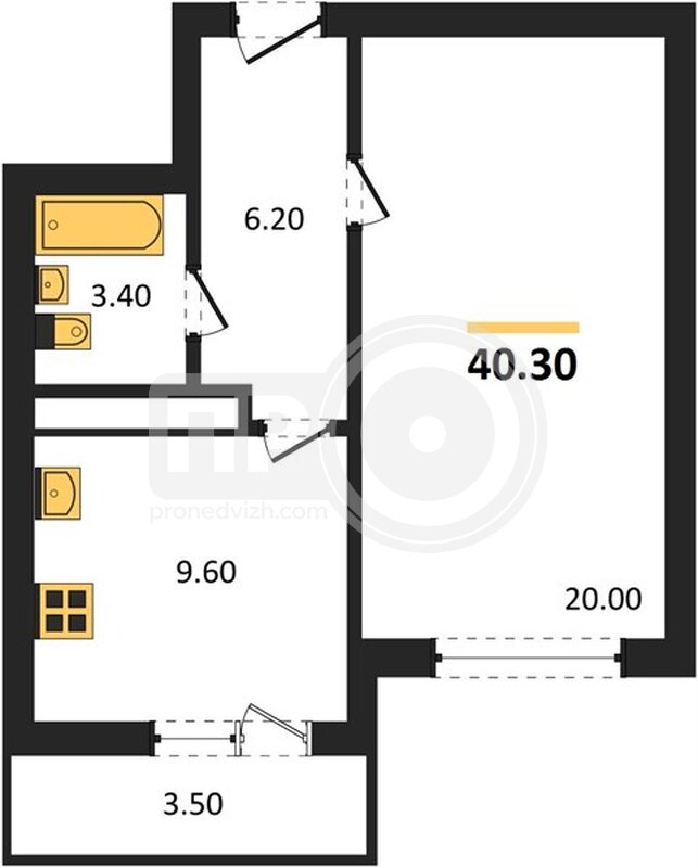 1-комнатная квартира, 40.3кв.м