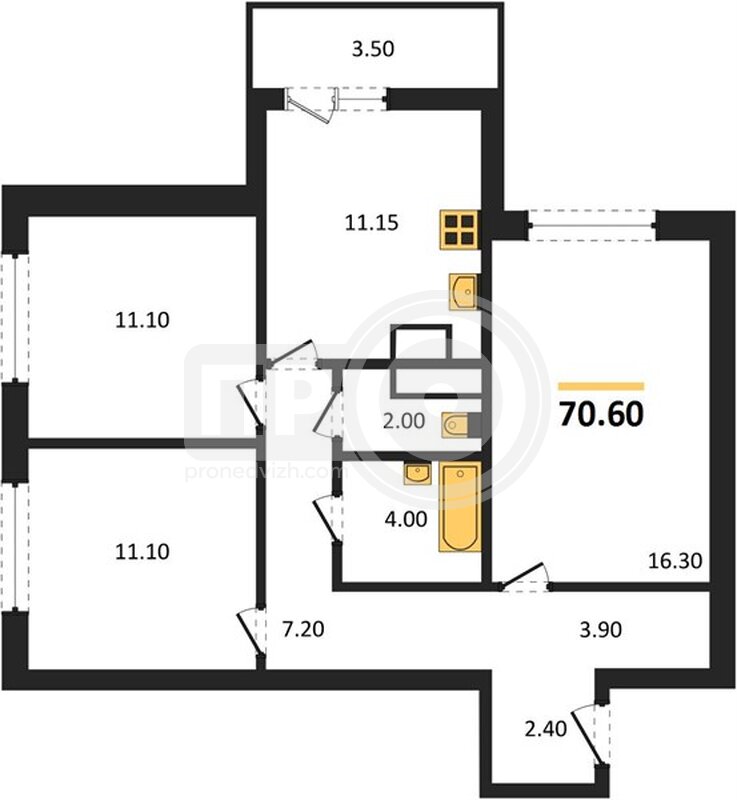 3-комнатная квартира, 70.6кв.м