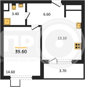 Миниатюра 1-комнатная квартира, 39.6кв.м