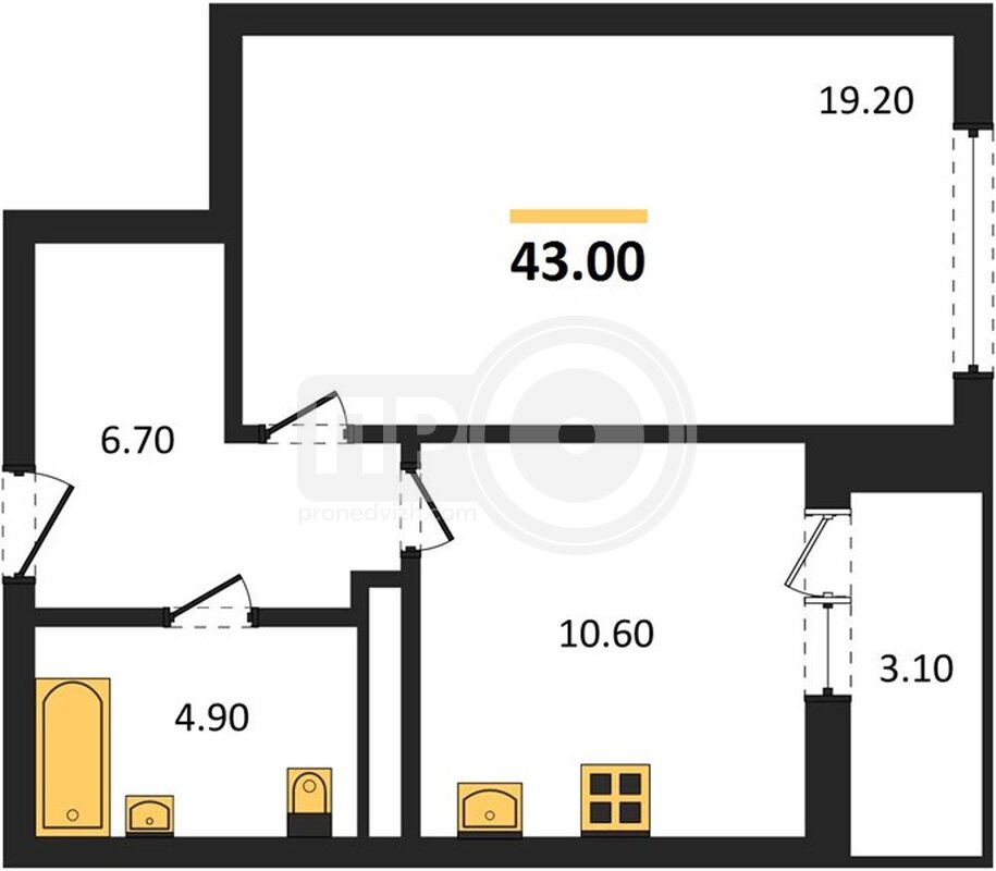 1-комнатная квартира, 43кв.м