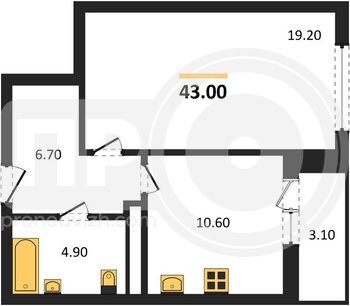 Миниатюра 1-комнатная квартира, 42.8кв.м