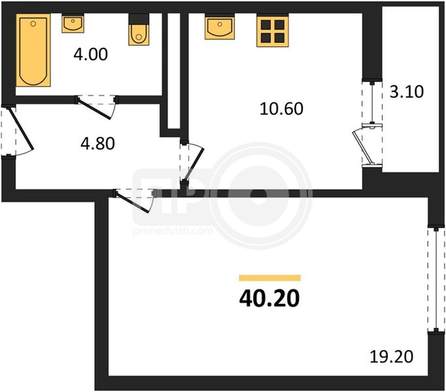 1-комнатная квартира, 40.2кв.м