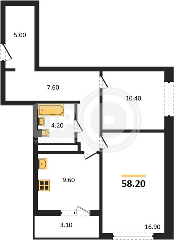 2-комнатная квартира, 58.2кв.м