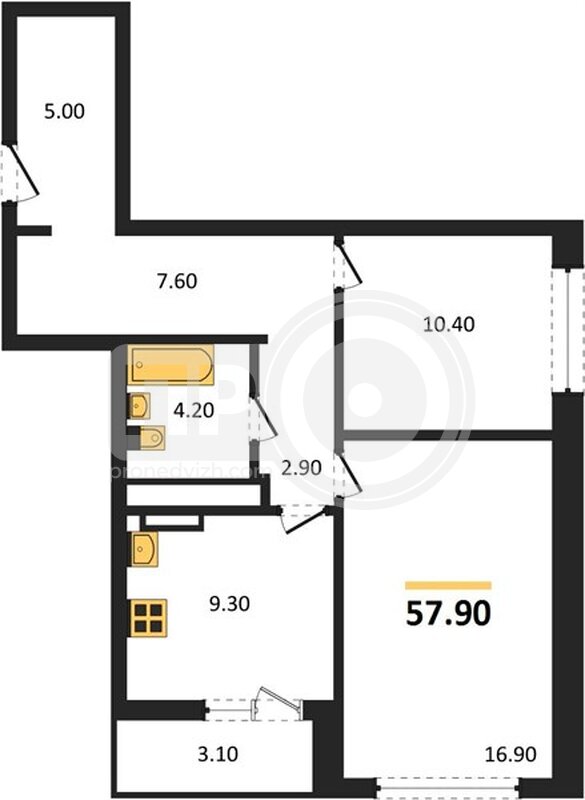 2-комнатная квартира, 57.9кв.м