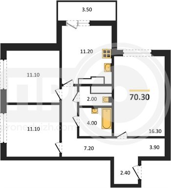 Миниатюра 3-комнатная квартира, 69.9кв.м