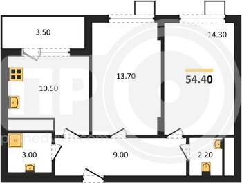 Миниатюра 2-комнатная квартира, 54.4кв.м