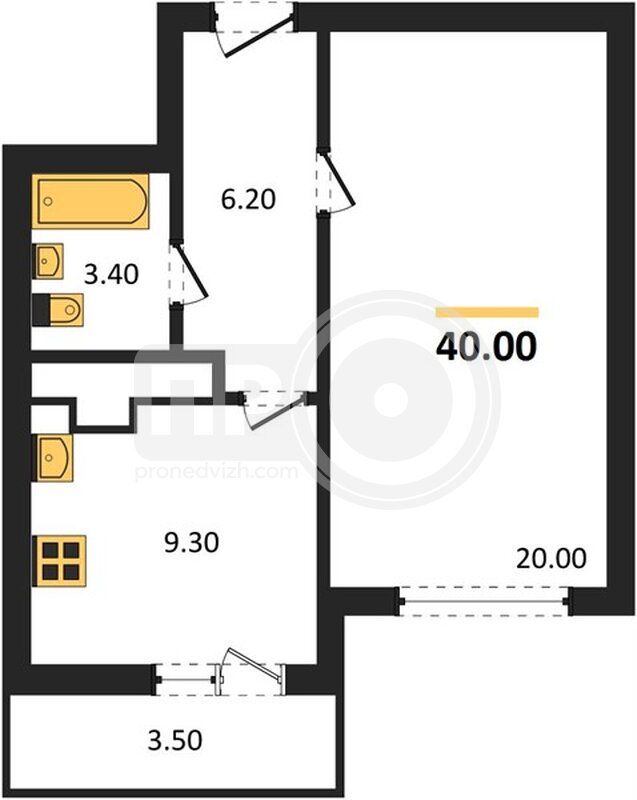 1-комнатная квартира, 40кв.м