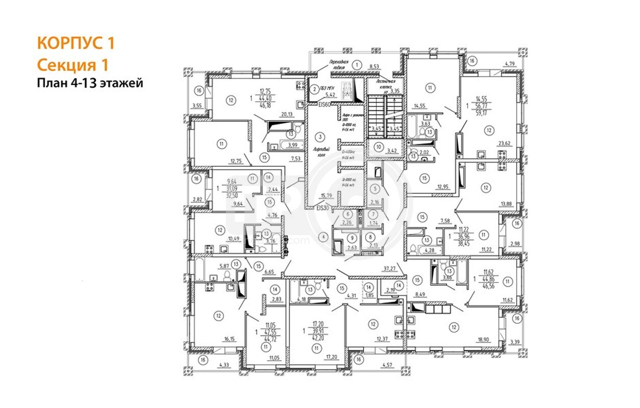 1-комнатная квартира, 46.56кв.м