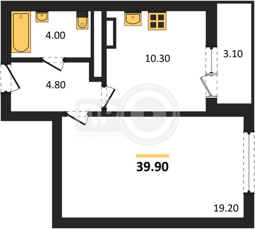 1-комнатная квартира, 39.9кв.м