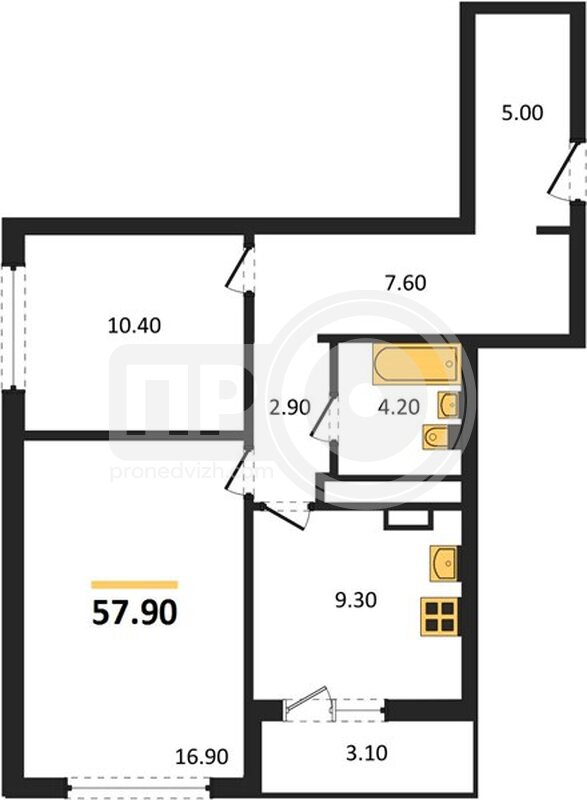 2-комнатная квартира, 57.9кв.м