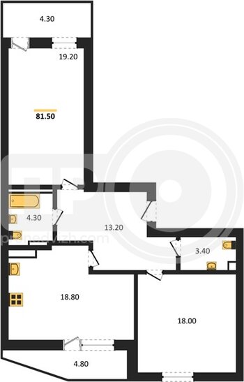 Миниатюра 2-комнатная квартира, 81.5кв.м