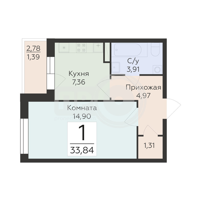 1-комнатная квартира, 33.84кв.м