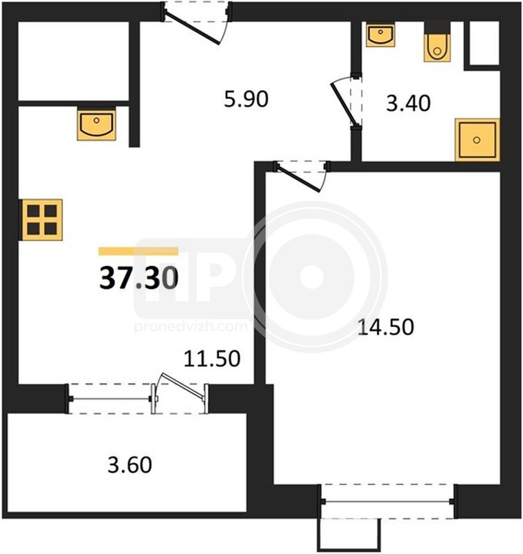 1-комнатная квартира, 37.3кв.м