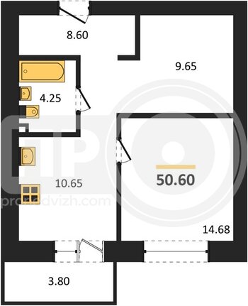Миниатюра 1-комнатная квартира, 50.6кв.м