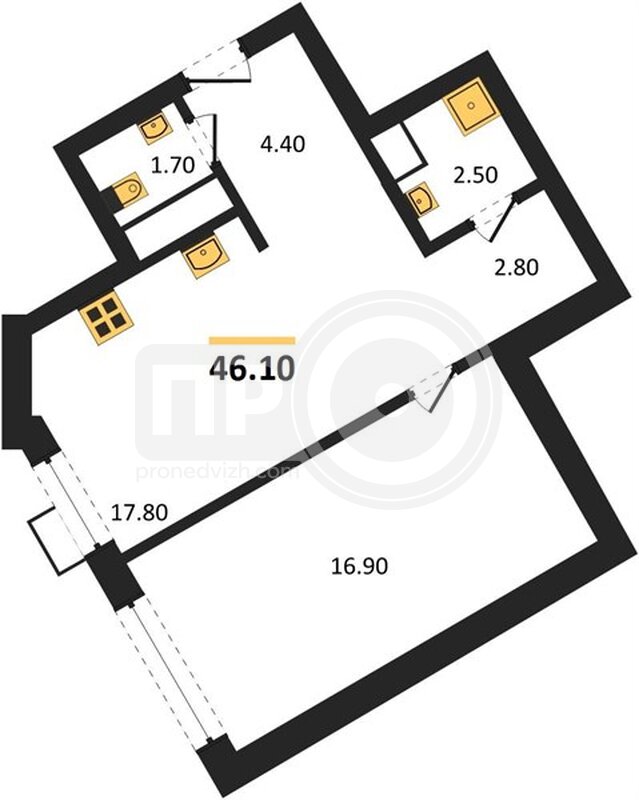 1-комнатная квартира, 46.1кв.м