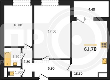 Миниатюра 2-комнатная квартира, 61.7кв.м